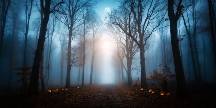 Enchanted Forest Path: A mysterious path winds through an ethereal forest, bathed in a mystical blue light. Jack-o'-lanterns illuminate the way, creating a spooky and enchanting atmosphere.  