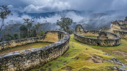 Obraz premium A large stone structure with a grassy hill in the background. The stone structure is surrounded by a wall, and there are several trees in the area