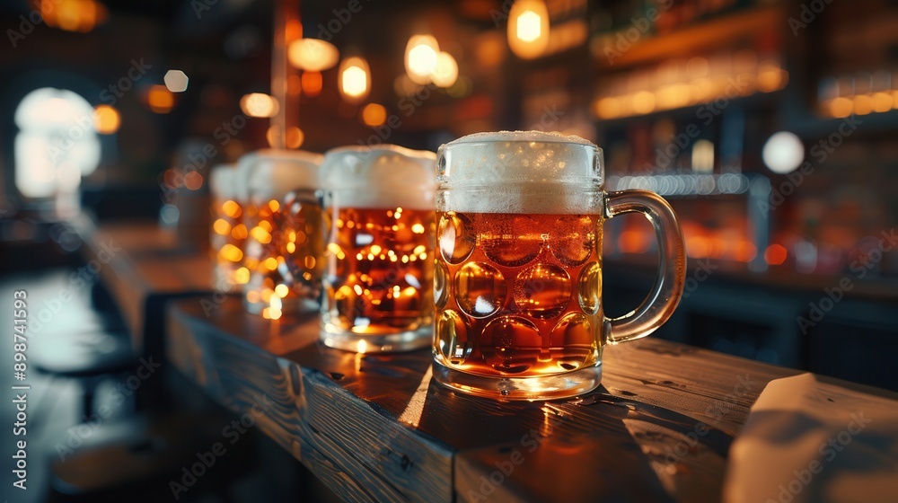 Poster four full beer mugs sit on a wooden counter in a dimly lit pub, with a blurred background of bar she
