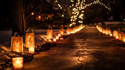 Christmas eve candle lights lanterns in paper bags at night along road street path