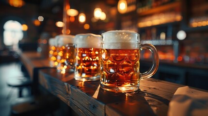 Four full beer mugs sit on a wooden counter in a dimly lit pub, with a blurred background of bar shelves and lights. Generative AI