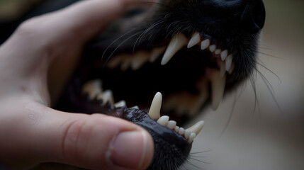 Close-up of a dog's open mouth with sharp teeth held by a human hand, to raise awareness about rabies on World Rabies Day