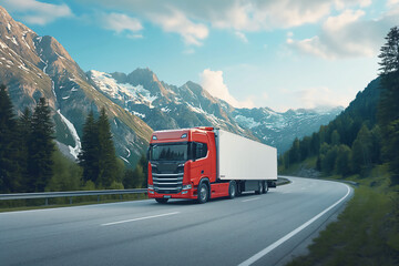 New orange semi-truck with white cargo trailer on highway, snowy mountain landscape in background, copy space
