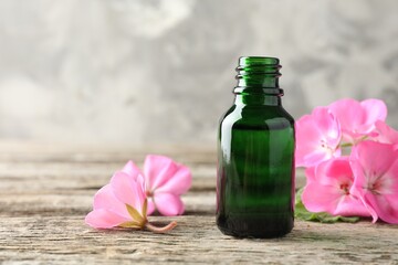 Bottle of geranium essential oil and beautiful flowers on wooden table, closeup. Space for text