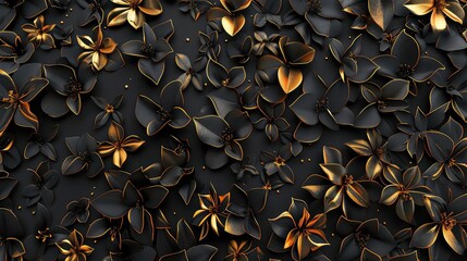 A close-up shot of a pattern of black flowers with gold outlines and subtle gold glitter, creating a luxurious and elegant backdrop.