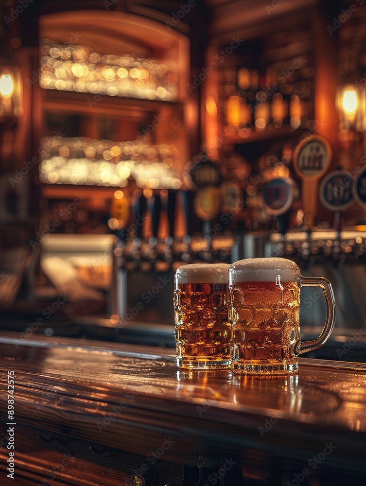 Poster two full glasses of beer with foam sit on a wooden bar counter, against a blurred background of a bu