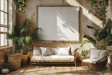 Bohemian living room boho chic vibe with empty frame