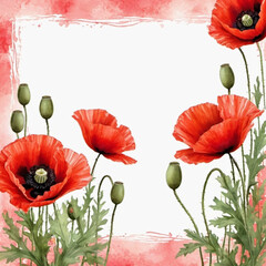 Naklejka premium Red poppies, green leaves, stems. Poppies are depicted in various stages of bloom, with some fully open and others in bud. Soft back, creating delicate romantic feel. Copy space. Postcard or layout.