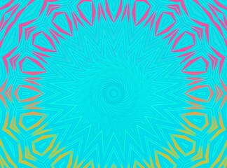 A vibrant mandala design with intricate patterns encircles a swirling center on a turquoise background. Bright pink, yellow, and orange hues create a striking contrast along the edges 