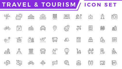 Travel and tour icons set. Travel and tourism vector line icon set
