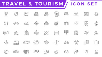 Travel and tour icons set. Travel and tourism vector line icon set