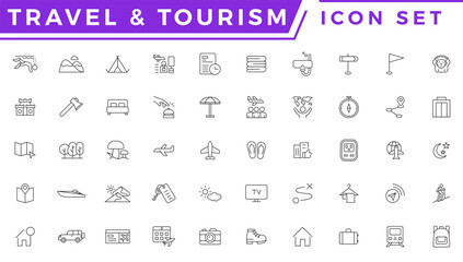 Travel and tour icons set. Travel and tourism vector line icon set