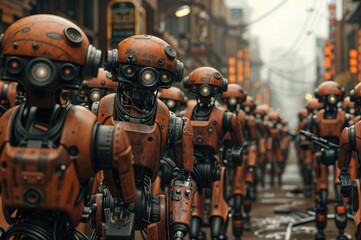 Fototapeta premium The bustling streets of a futuristic city are filled with a legion of sleek, intelligent robots demonstrating cutting-edge innovation.