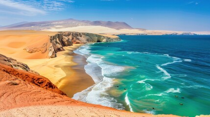 A beautiful beach with a blue ocean and a red cliff in the background. The beach is sandy and the water is calm
