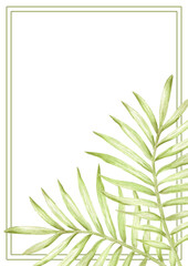 Hand drawn watercolor green palm tree leaves post card frame border isolated on white background. Can be used for card, invitation, scrapbook and other printed products.