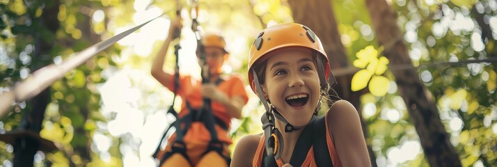 A mother and her teenage daughter enjoy a zipline adventure at a high ropes course in a wooded area, laughing and smiling as they experience the thrill