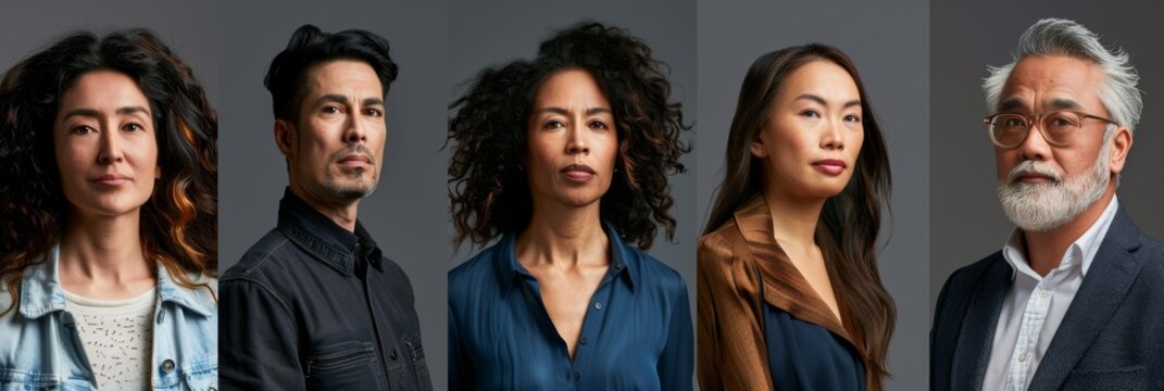 Full-body portraits of a diverse group of people, showcasing a range of ethnicities, ages, and genders, standing against a neutral gray background
