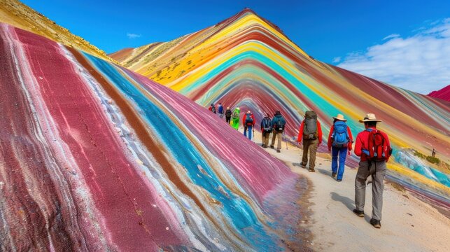 A group of people are walking on a trail in front of a colorful mountain. The mountain is a rainbow, and the trail is made of rocks. The people are wearing backpacks and hats