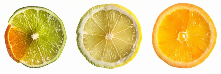 Obraz premium Three citrus fruit slices, a lime, lemon, and orange, are individually isolated on a white background. The slices are cut in half and show the juicy flesh