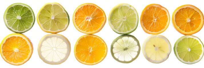 Fototapeta premium High-resolution, commercial-quality images of fresh lemon, lime, and orange slices, each individually isolated on a transparent background