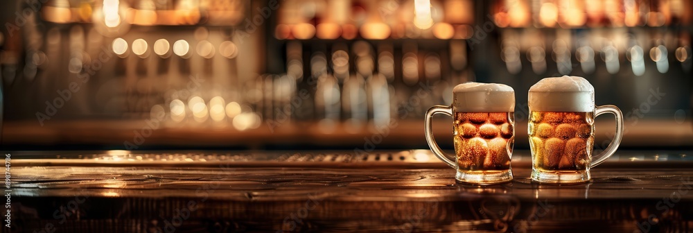 Poster two full beer mugs with white foam sit on a wooden bar counter, with a blurred background of a bar w