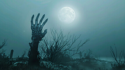Spooky graveyard at night with a decomposing zombie hand emerging from the grave