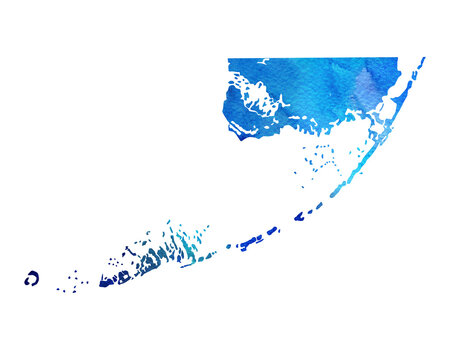 Florida Keys watercolor map is perfect for vacation illustration, tourist gift or travel keepsake.