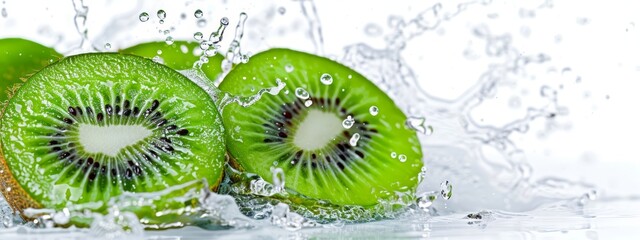  A kiwi sliced in half, with water droplets spraying from top and bottom