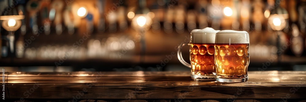 Aufkleber Two full mugs of beer sit on a wooden bar counter in front of a blurred background of a bar. Generative AI