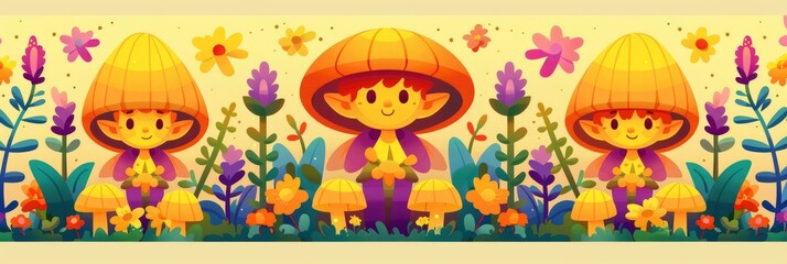 Fototapeta premium Three Cute Mushroom Fairies in a Flower Garden