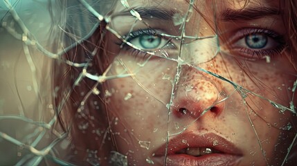 A woman's face is reflected in a broken mirror. The concept of fragility and vulnerability as the woman's facial features are distorted and fragmented by the broken glass. Illustration for design.