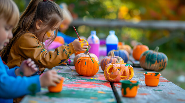 Image 3: Kids painting pumpkins with bright, creative designs at an outdoor table, left third copy space. Creation, Joy, Magnificence