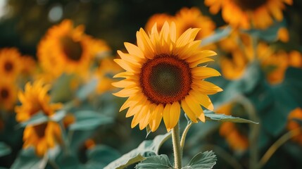 Obraz premium Close up of a sunflower in a field on a summer day stunning natural Wallpaper