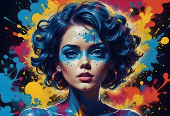 Naklejka premium Woman portrait with vibrant paint splashes in vivid colors creating an artistic and eye catching visual effect highlighting creativity and boldness, Generative AI.
