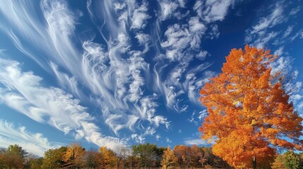 Fototapeta premium Autumn clouds with leaves swirling in the wind, seasonal change, fall sky