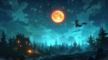 Witch flying on broomstick in starry night sky over forest, spooky house