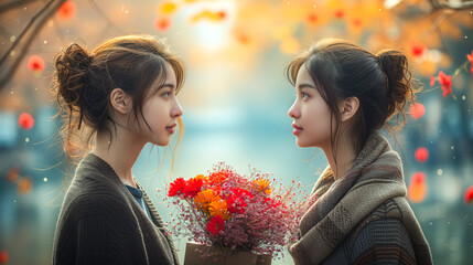 Female Friends exchanging flowers