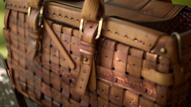 The vintage picnic basket is complete with intricate wooden details and a sy leather handle perfect for a romantic outing.