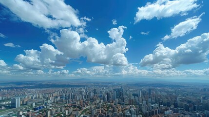 Fototapeta premium High altitude clouds over a city skyline, urban view from above, modern cityscape