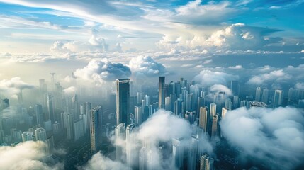 Obraz premium High altitude clouds over a city skyline, urban view from above, modern cityscape
