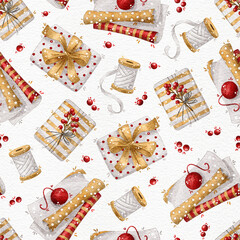 Christmas and Happy New Year seamless pattern with Christmas gift boxes, package paper, tapes and red berries. Design for winter sale background, wrapping paper, cards, textile.