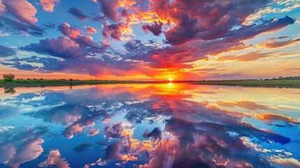 Sunset sky filled with colorful clouds reflecting over a calm lake, vibrant hues, serene nature