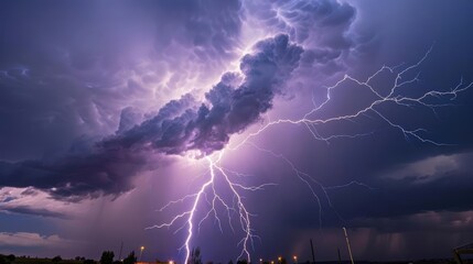 Thunderstorm clouds with lightning bolts striking, dramatic and powerful weather, electric storm