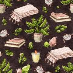 Seamless pattern with books, a house plant in a pot, a rug and candles. Suitable for packaging, wrapping paper, wallpaper, textiles, fabric, bedding.