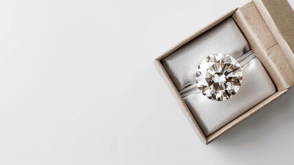 Fototapeta premium Large clear diamond in gift box viewed from above on white background Beauty and value illustration with space for text