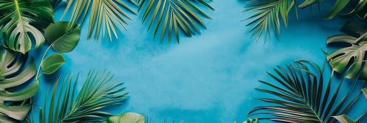 A vibrant blue background is decorated with scattered palm leaves, creating a tropical and summery feel