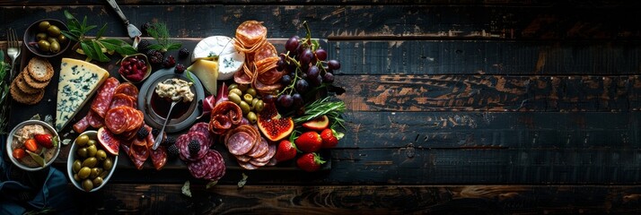 A top-down view of a charcuterie board filled with various cheeses, meats, fruits, and olives on a dark wooden table