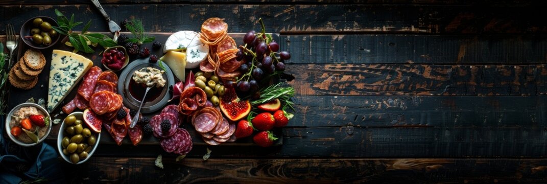 A top-down view of a charcuterie board filled with various cheeses, meats, fruits, and olives on a dark wooden table