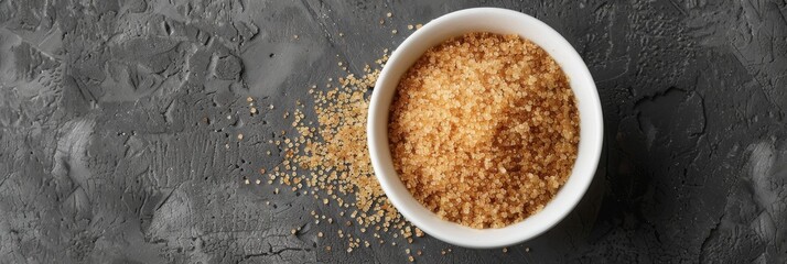 A white bowl filled with organic brown sugar sits on a textured, gray surface. Sugar spills out of the bowl and onto the surface