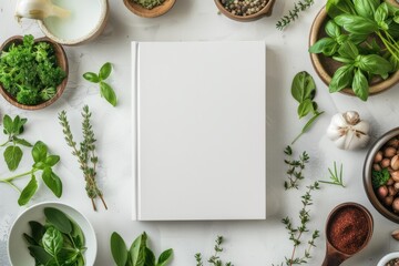 Blank white book cover mockup on a kitchen table surrounded by fresh herbs and food ingredients. AI generative